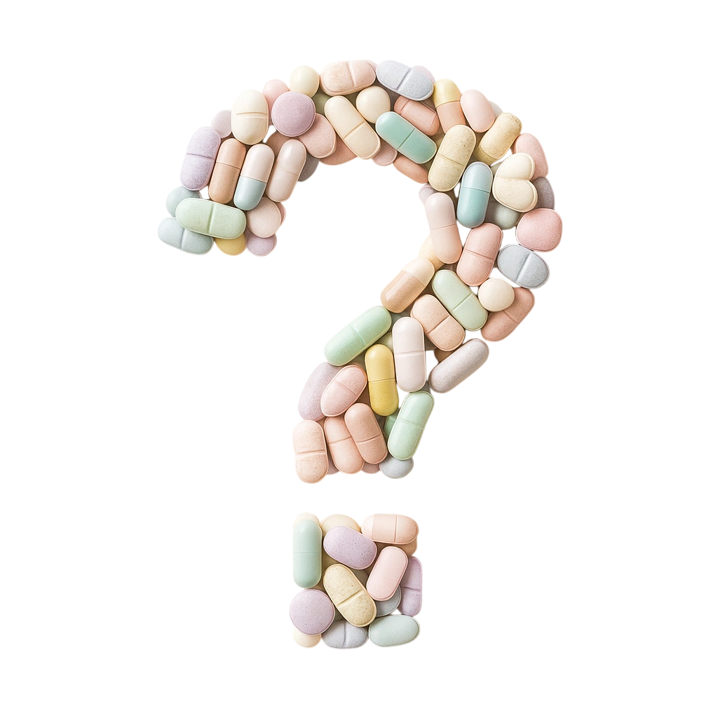 A question mark made of colorful pills